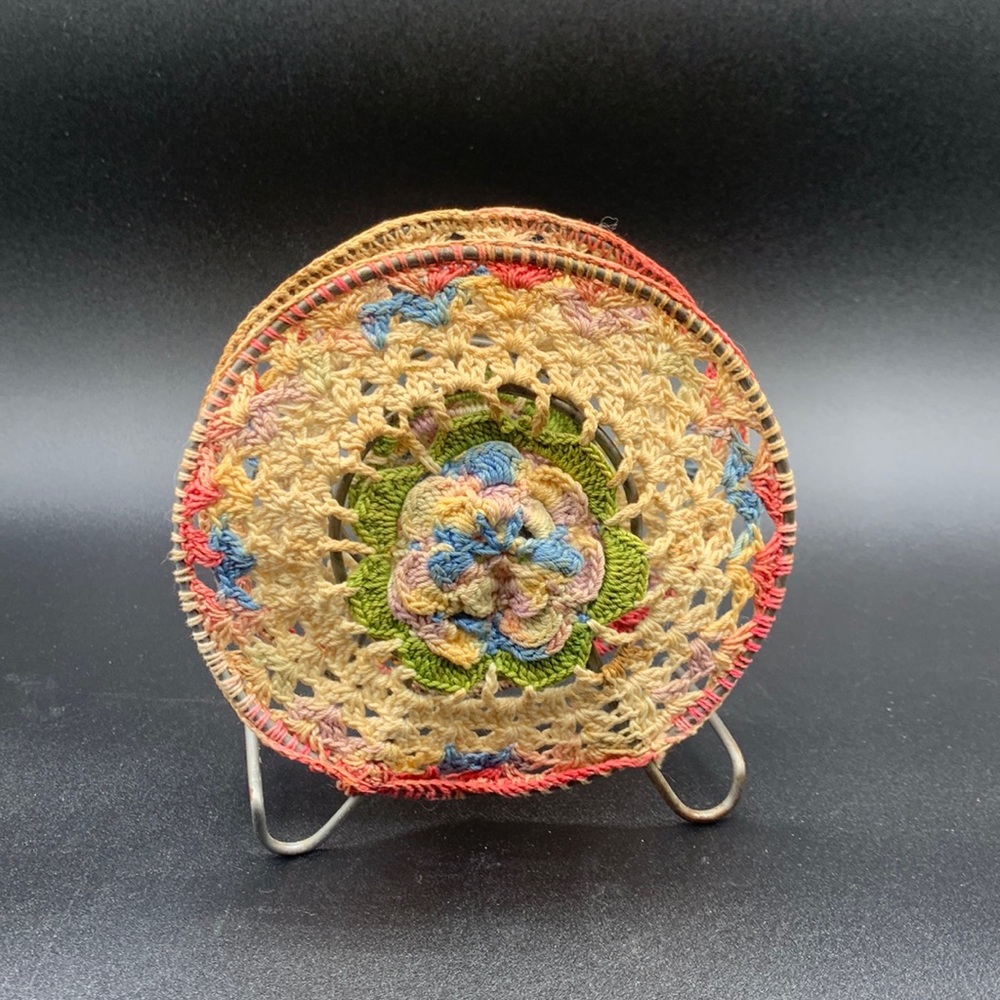 Vintage Hand Crocheted Multi Color Dollie Metal Napkin Holder
